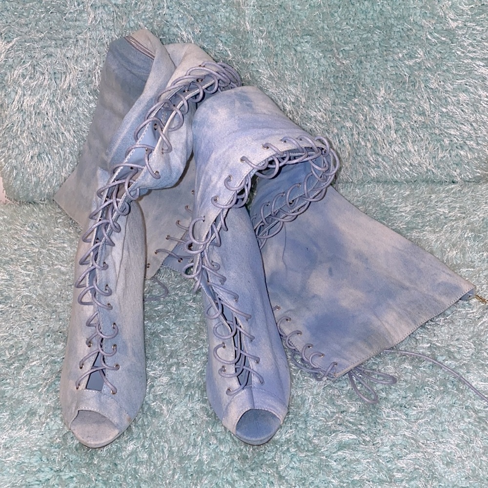 Liliana-Demin Lace Up Stiletto Heeled Over the knee boots